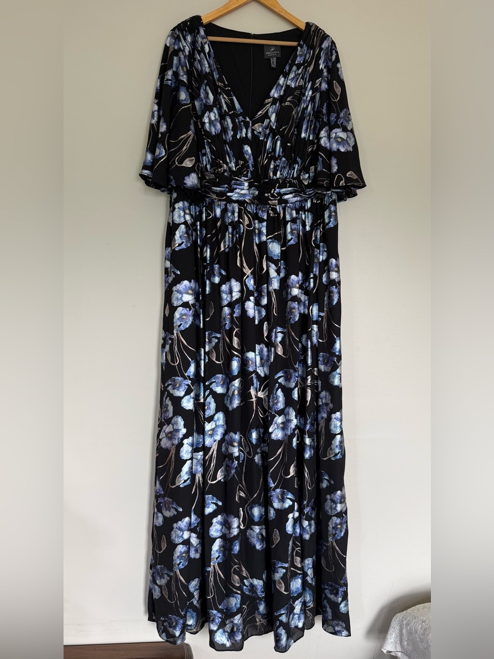 NEW Adrianna Papell Metallic Striking Blue Silver Floral Print Evening Dress 16W
